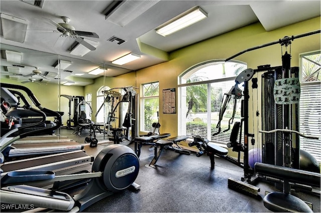 exercise room with visible vents and ceiling fan