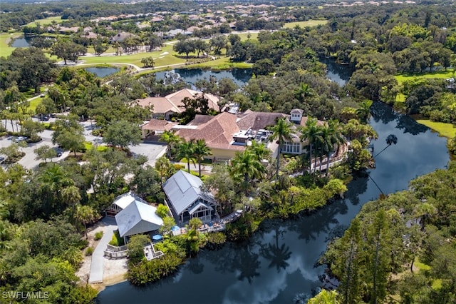 aerial view featuring a water view and a residential view