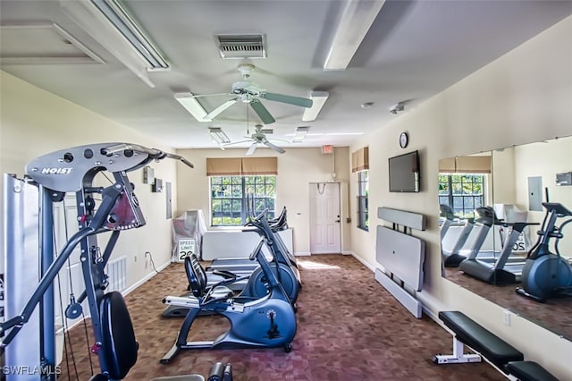 exercise room with a ceiling fan, electric panel, visible vents, and baseboards