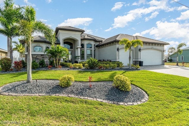 mediterranean / spanish-style home featuring a garage, stone siding, decorative driveway, a front yard, and stucco siding