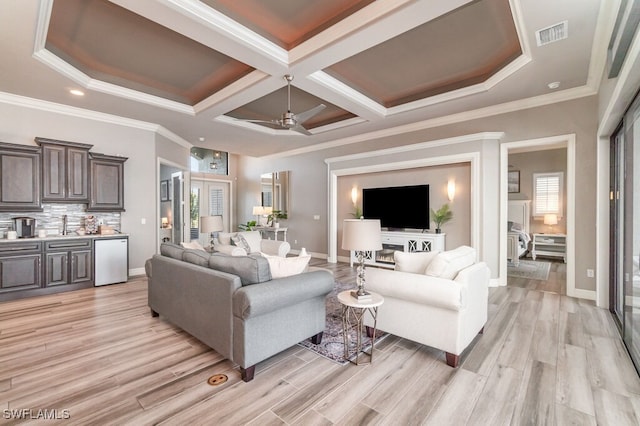 living room featuring baseboards, coffered ceiling, visible vents, and light wood-style floors