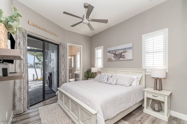 bedroom with access to exterior, ceiling fan, light wood-style flooring, and baseboards