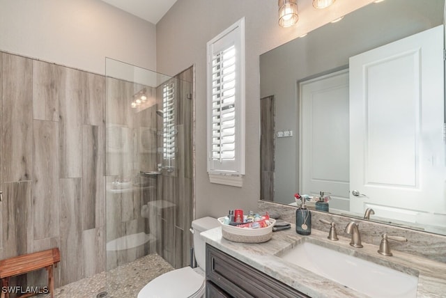 bathroom with vanity, toilet, and a walk in shower