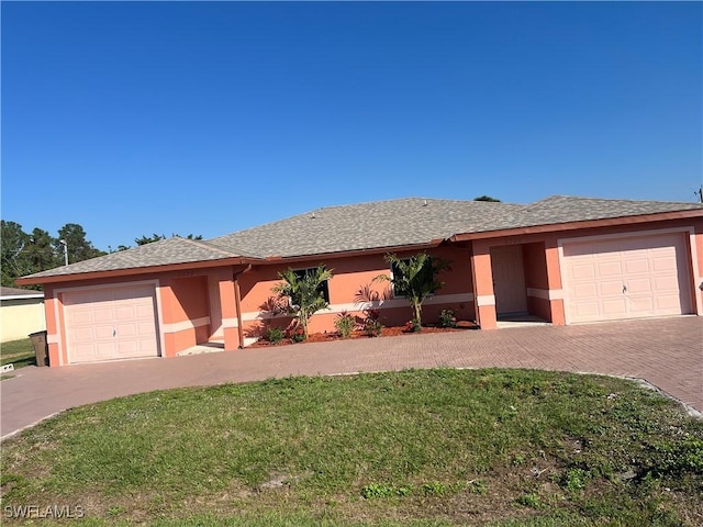 view of front of property featuring a garage, decorative driveway, a front yard, and stucco siding