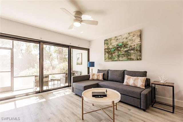 living room featuring ceiling fan, light wood-style flooring, and baseboards