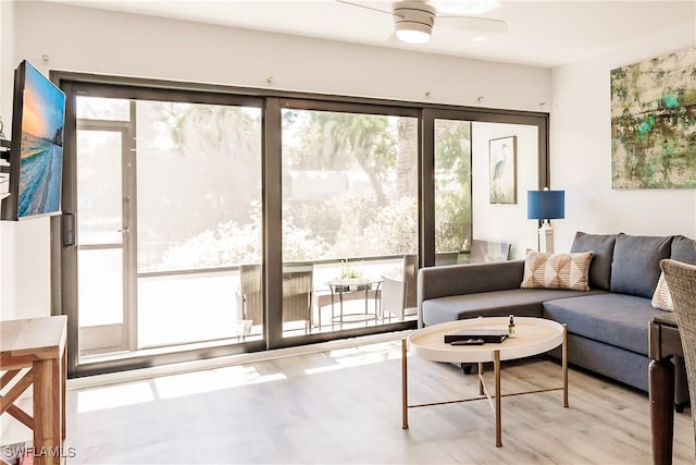 living area featuring light wood-style floors and a ceiling fan