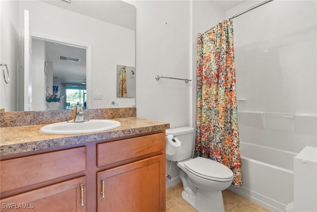 full bath featuring visible vents, toilet, shower / tub combo, vanity, and tile patterned floors