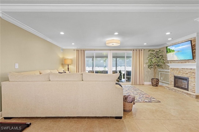 living room with recessed lighting, a fireplace, crown molding, and light tile patterned floors