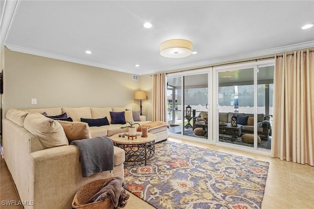 living area featuring tile patterned flooring, visible vents, crown molding, and recessed lighting