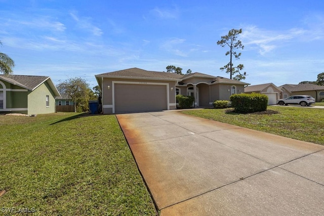 ranch-style home featuring stucco siding, concrete driveway, an attached garage, a front yard, and a residential view