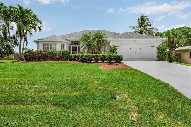 ranch-style house featuring an attached garage, driveway, a front yard, and stucco siding