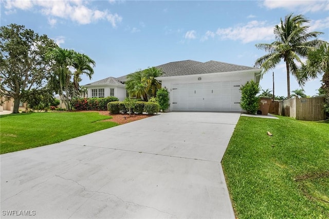 ranch-style home featuring a front yard, concrete driveway, and an attached garage