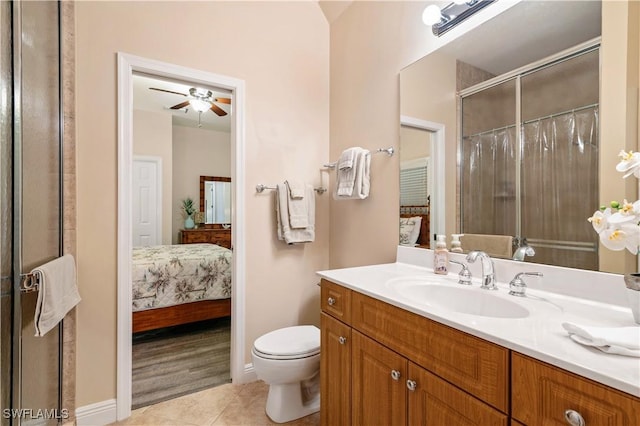 bathroom with tile patterned flooring, toilet, ensuite bath, vanity, and walk in shower