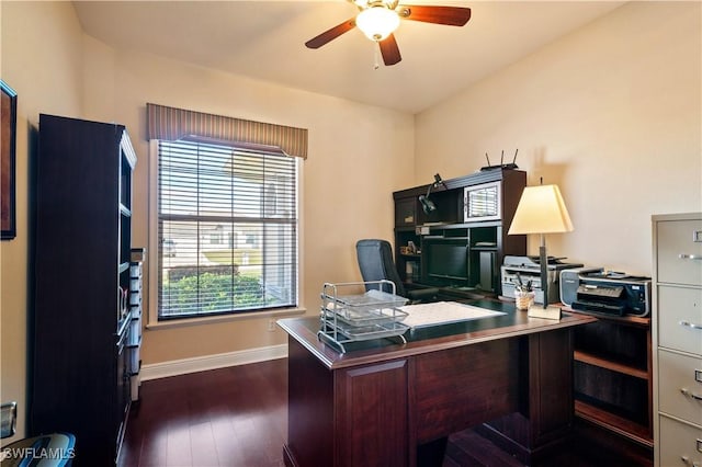 office with a ceiling fan, baseboards, and dark wood-style floors