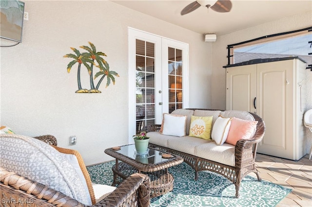 exterior space featuring french doors and a ceiling fan