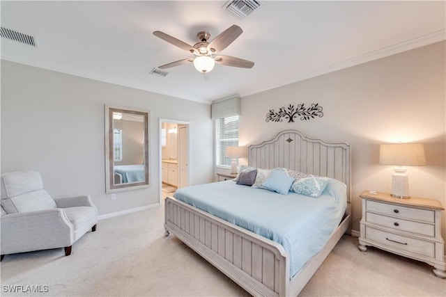 bedroom with light carpet, ornamental molding, and visible vents