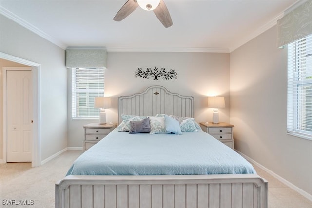 bedroom featuring light carpet, ornamental molding, and multiple windows