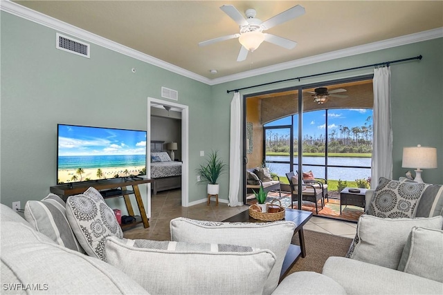 9723 Acqua Ct Unit 315, Naples, FL 34113 - tiled living room with visible vents, ornamental molding, baseboards, and ceiling fan