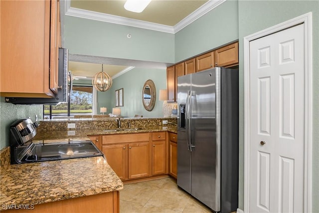 kitchen featuring brown cabinetry, stainless steel fridge with ice dispenser, ornamental molding, a sink, and range with electric stovetop