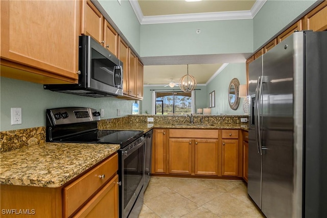 kitchen with appliances with stainless steel finishes, brown cabinets, crown molding, and a sink