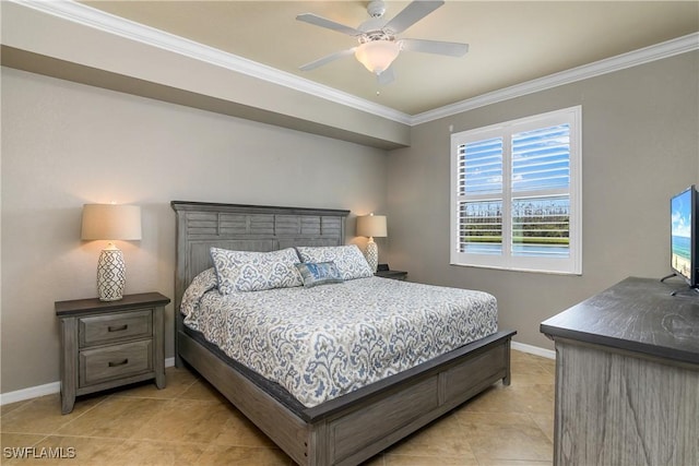 bedroom featuring light tile patterned flooring, crown molding, baseboards, and ceiling fan