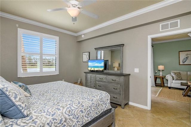 bedroom featuring baseboards, ceiling fan, visible vents, and crown molding