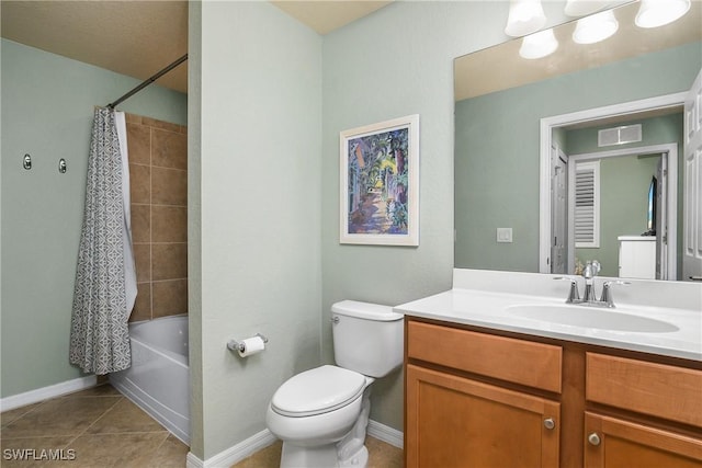 full bathroom with visible vents, toilet, tile patterned floors, shower / bathtub combination with curtain, and vanity