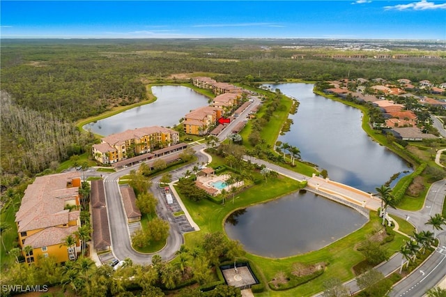 bird's eye view featuring a water view and a view of trees