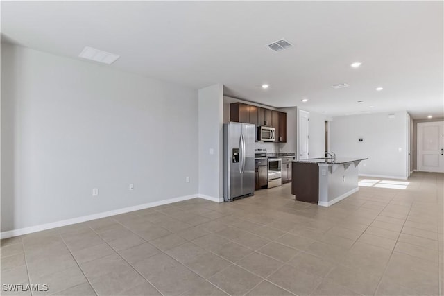 kitchen with stainless steel appliances, recessed lighting, visible vents, an island with sink, and a kitchen breakfast bar