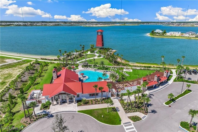 aerial view of a large body of water and a pool area