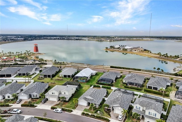 birds eye view of property with a residential view and a water view