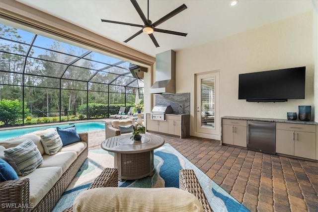 view of patio with outdoor lounge area, area for grilling, glass enclosure, a grill, and an outdoor pool