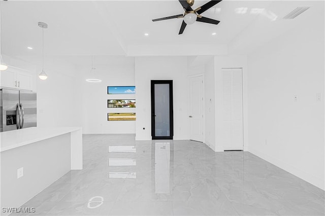 unfurnished room featuring recessed lighting, a ceiling fan, baseboards, visible vents, and marble finish floor