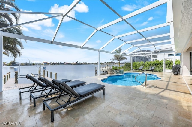 pool featuring a patio, boat lift, a water view, a lanai, and a dock