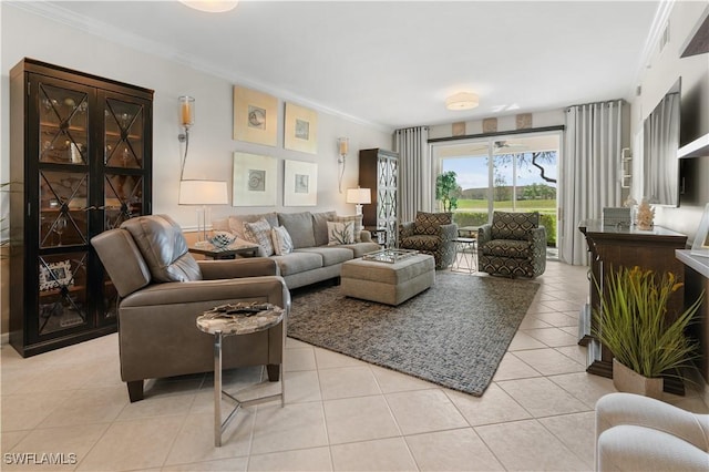 living room with light tile patterned floors and crown molding