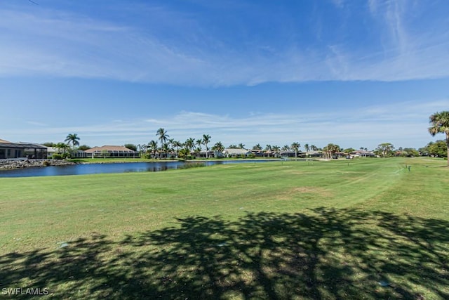 view of community with a lawn and a water view