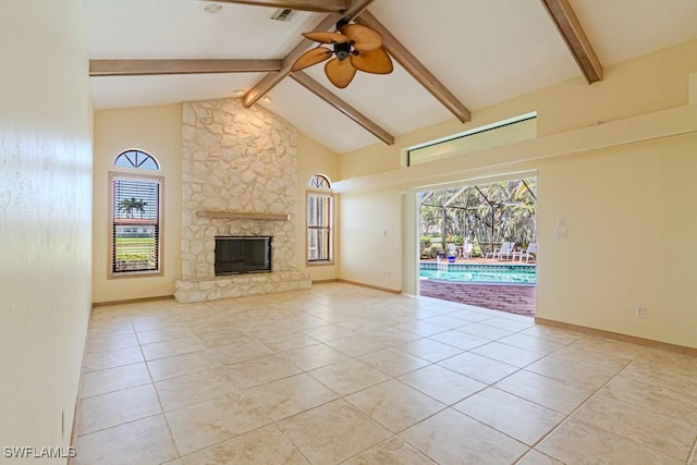 unfurnished living room featuring high vaulted ceiling, visible vents, beamed ceiling, and a stone fireplace