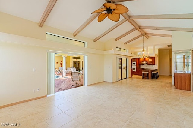 unfurnished living room with light tile patterned flooring, high vaulted ceiling, beamed ceiling, baseboards, and ceiling fan with notable chandelier