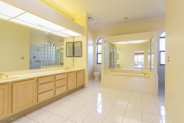 bathroom featuring toilet, a stall shower, crown molding, and tile patterned floors