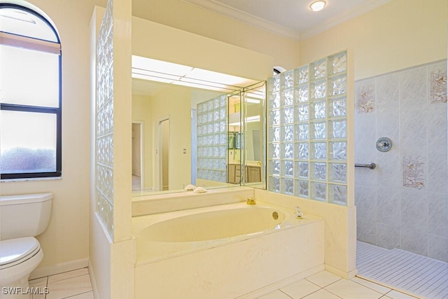 bathroom with toilet, ornamental molding, tile patterned floors, walk in shower, and a bath