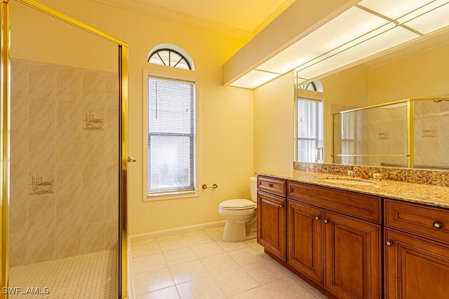 full bath featuring plenty of natural light, vanity, crown molding, and a shower stall