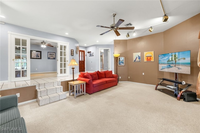 carpeted living area with recessed lighting, visible vents, french doors, and ceiling fan