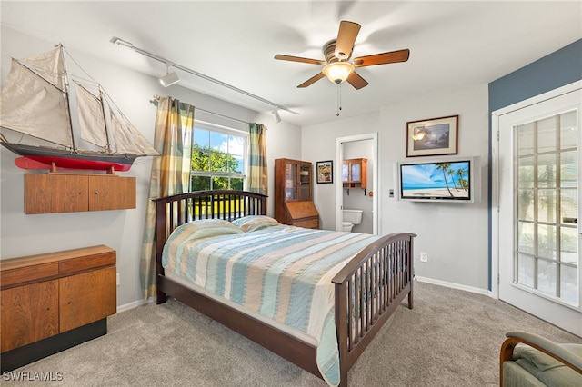 bedroom featuring rail lighting, ensuite bath, carpet flooring, and baseboards