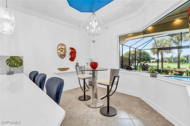 dining area with light tile patterned floors, a sunroom, baseboards, an inviting chandelier, and crown molding