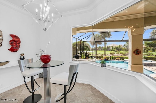 dining space with a sunroom, crown molding, baseboards, and light tile patterned floors