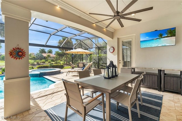 view of patio / terrace featuring a pool with connected hot tub and glass enclosure