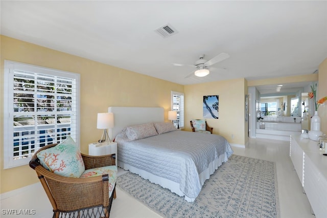 bedroom featuring visible vents and ceiling fan