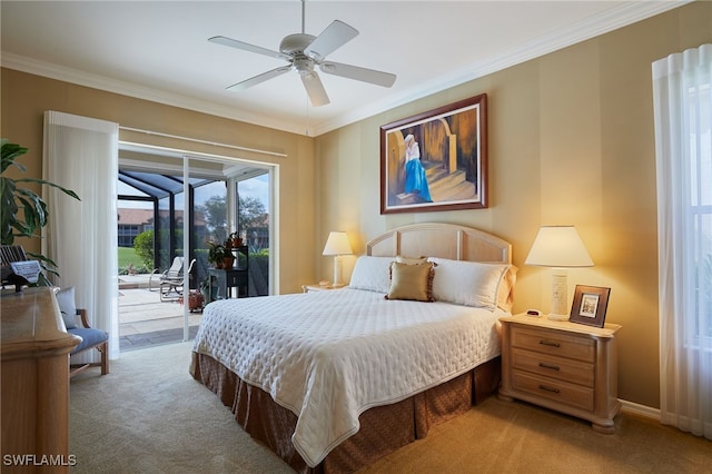 bedroom featuring access to exterior, light carpet, and ornamental molding