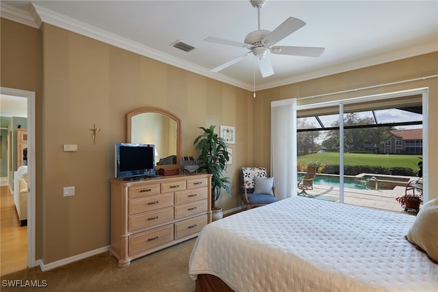 bedroom featuring light carpet, a sunroom, baseboards, access to outside, and ornamental molding