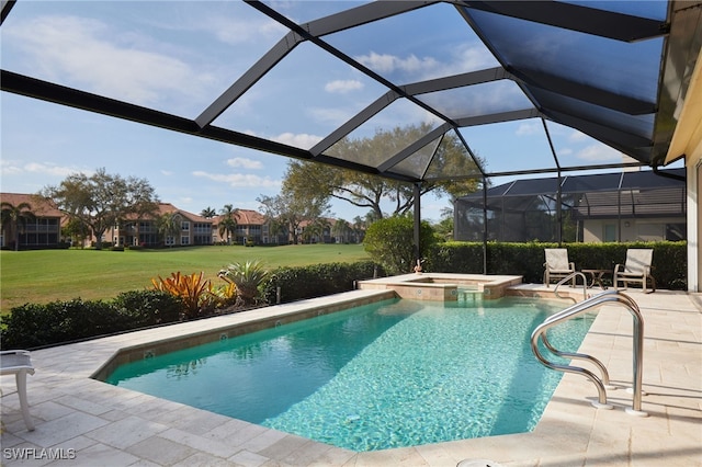 view of swimming pool with a patio, glass enclosure, a pool with connected hot tub, a lawn, and a residential view